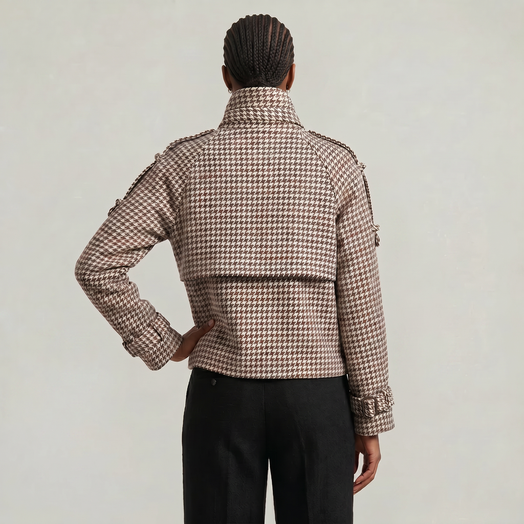 Women’s Short Checkered Coat - High Collar Button Front Jacket