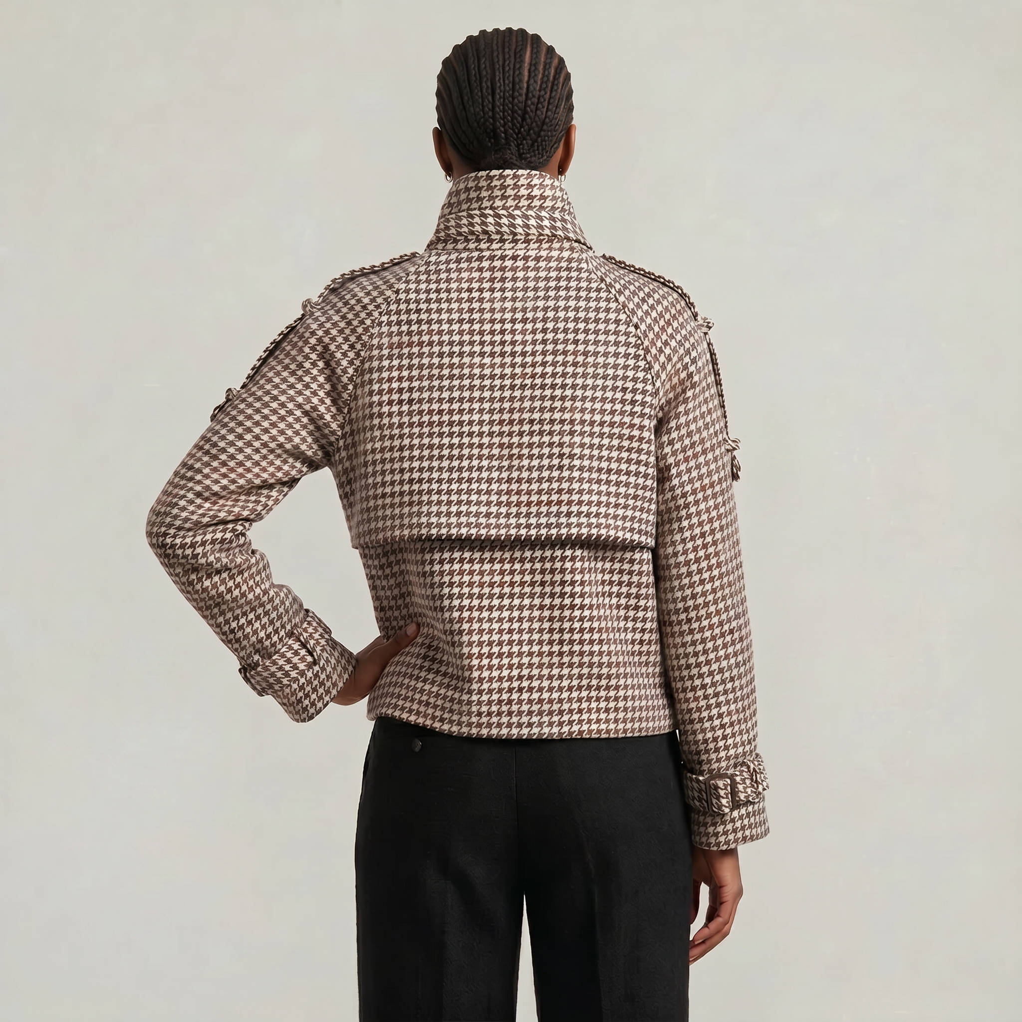 Women’s Short Checkered Coat - High Collar Button Front Jacket