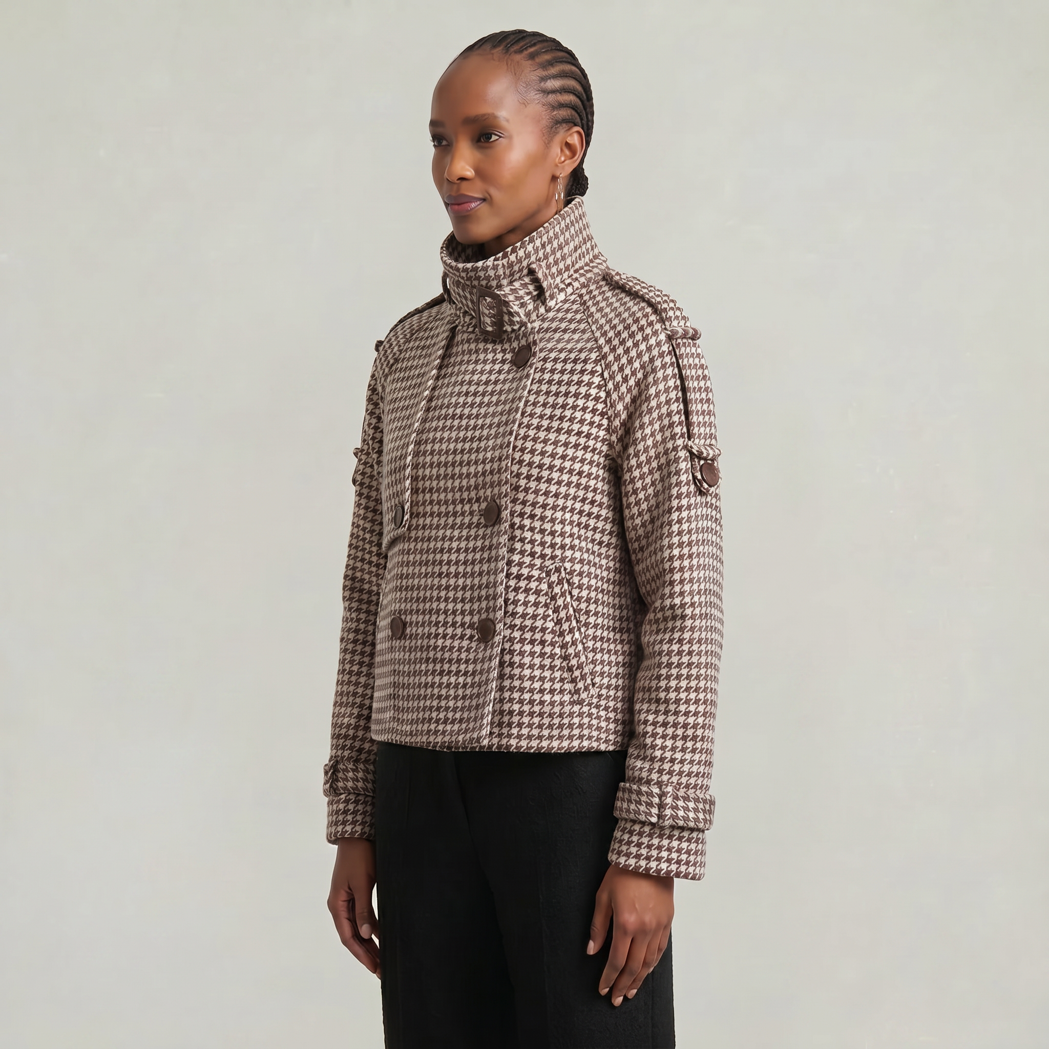 Women’s Short Checkered Coat - High Collar Button Front Jacket