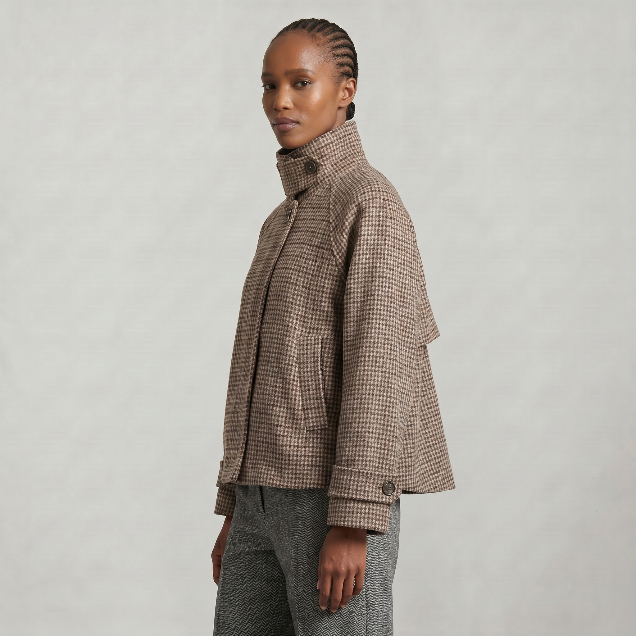 Women’s Short Checkered Coat - High Collar Button Front Jacket