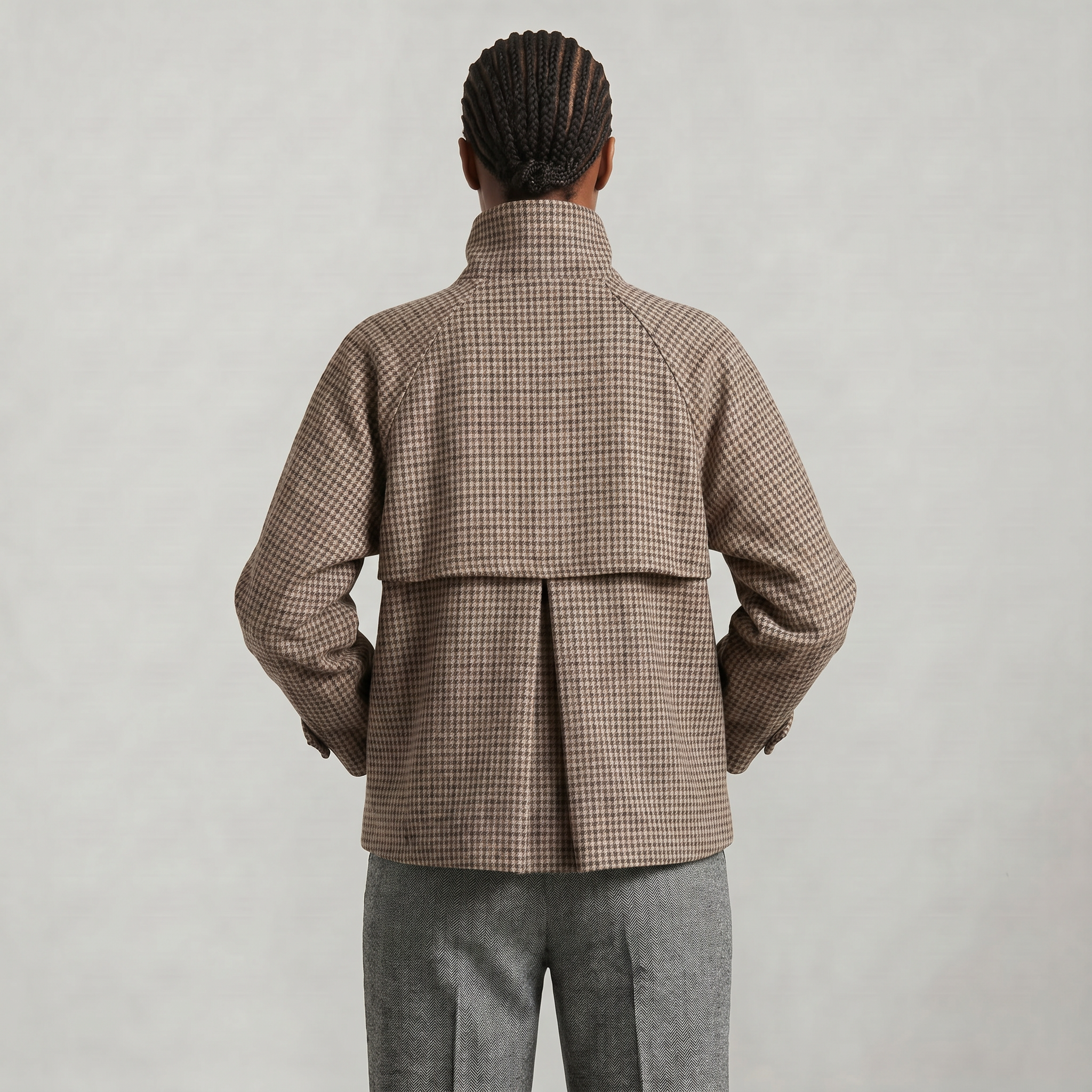 Women’s Short Checkered Coat - High Collar Button Front Jacket