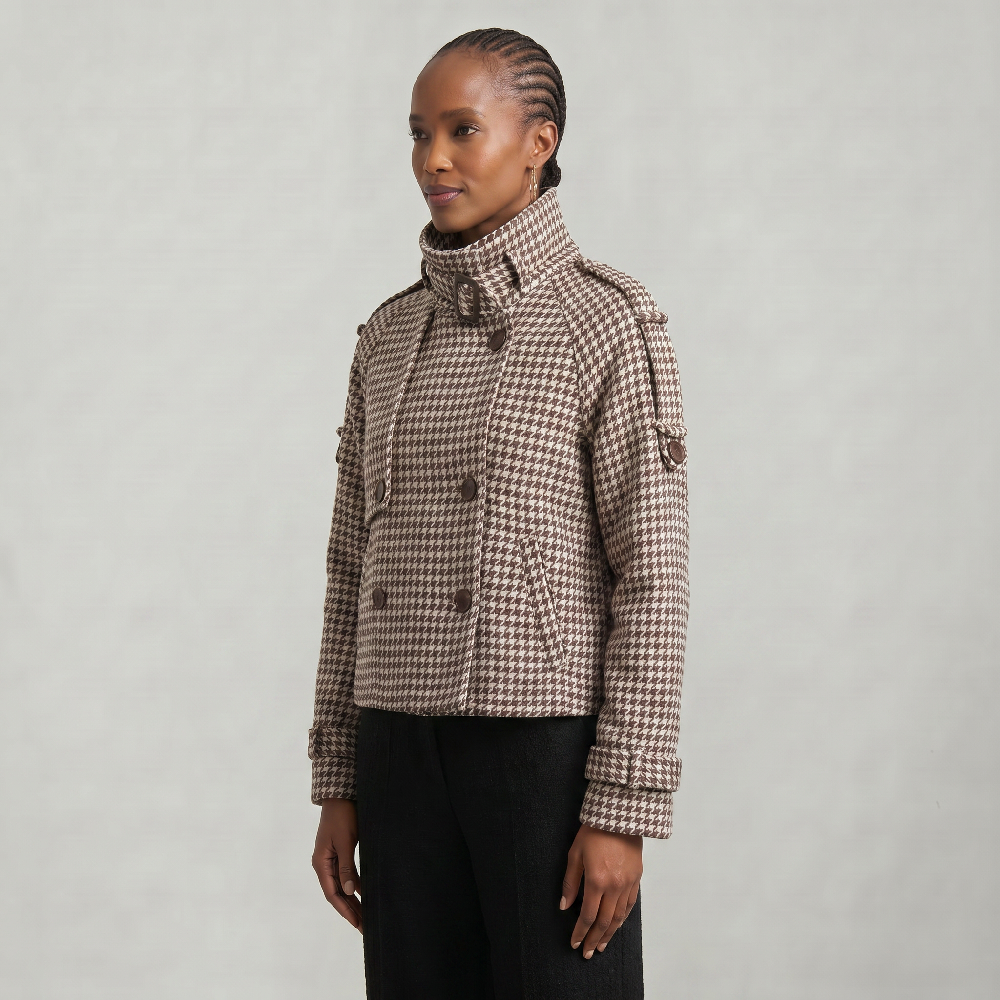 Women’s Short Checkered Coat - High Collar Button Front Jacket
