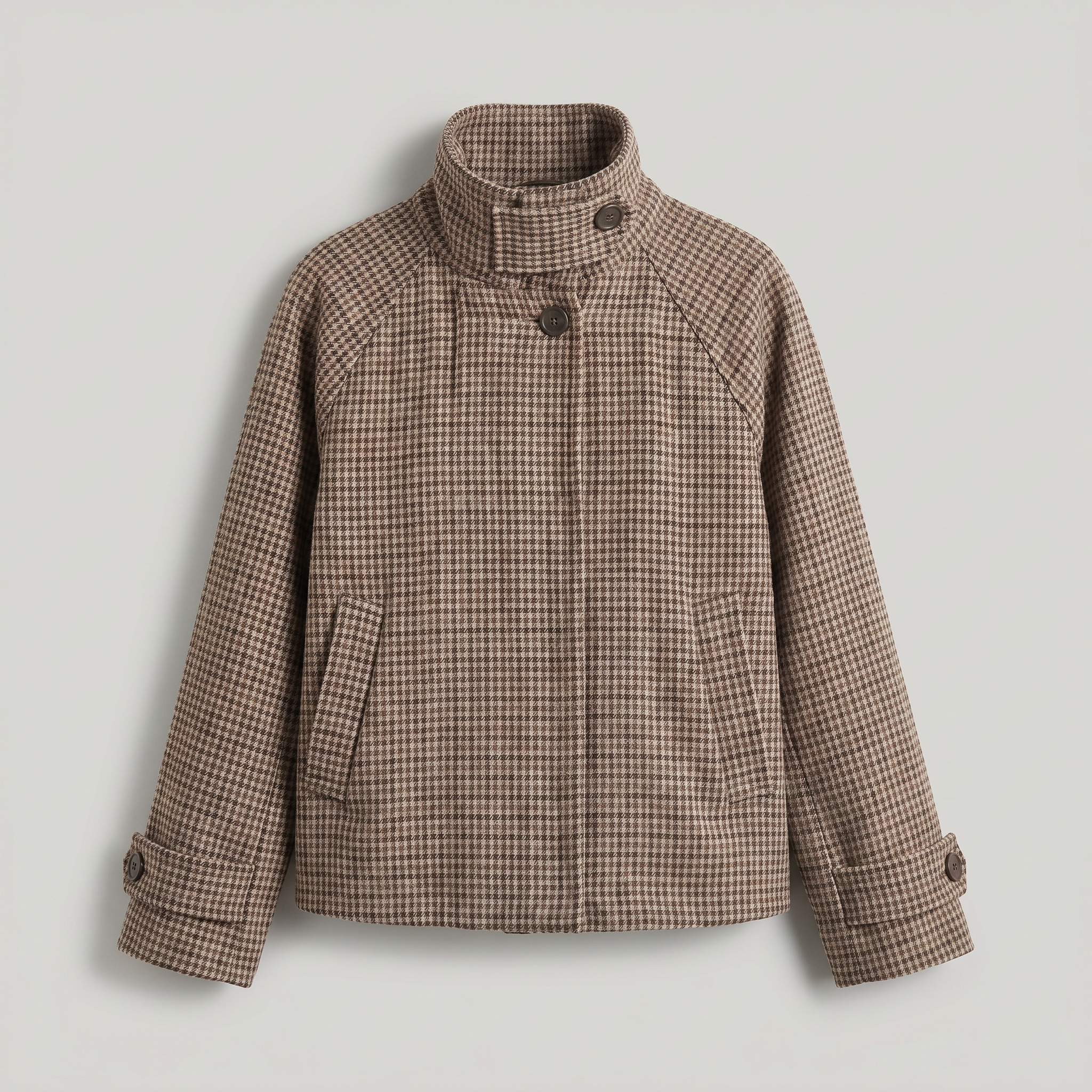 Women’s Short Checkered Coat - High Collar Button Front Jacket