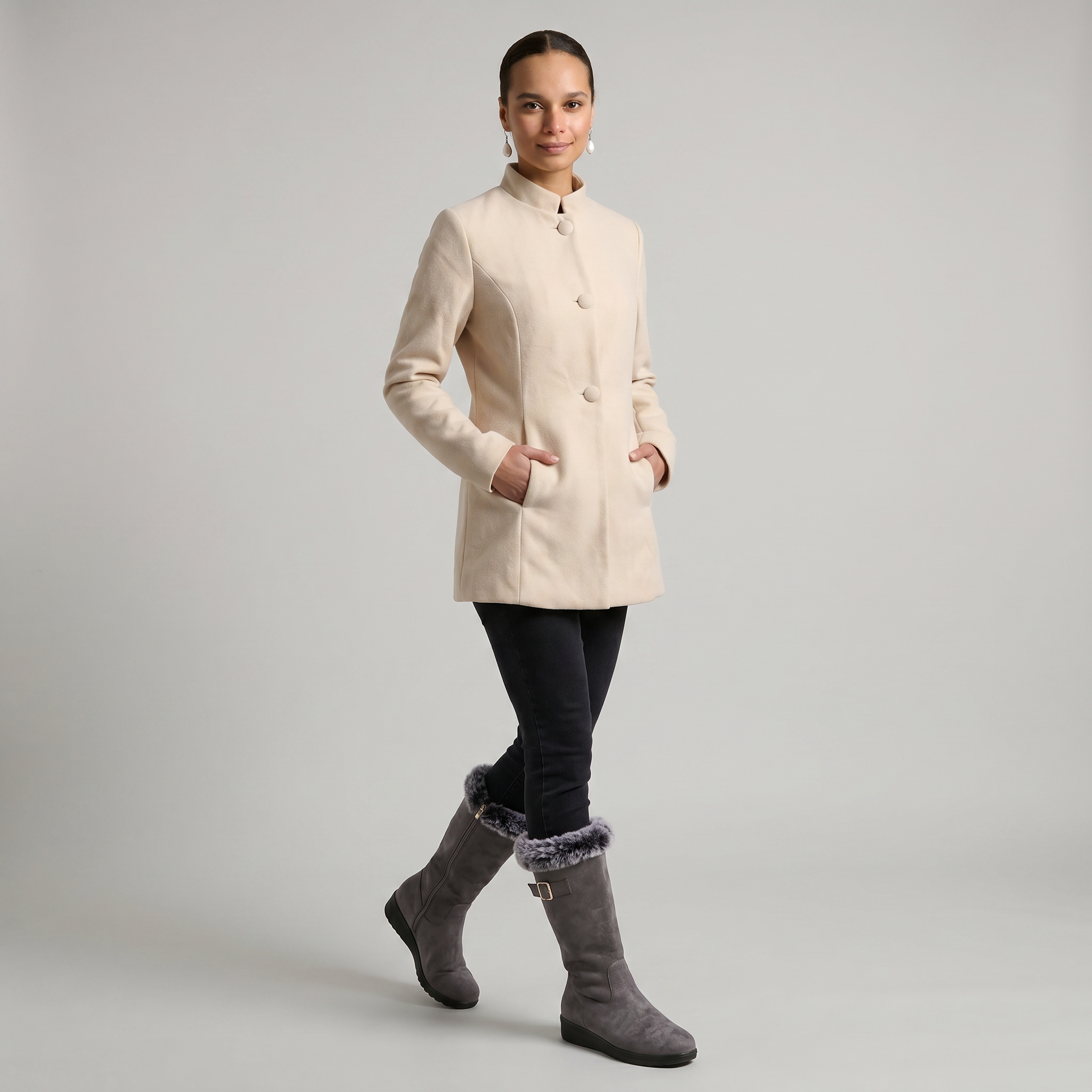 Women’s Stand-Up Collar  Jacket - Button-Up Long Sleeve Fit