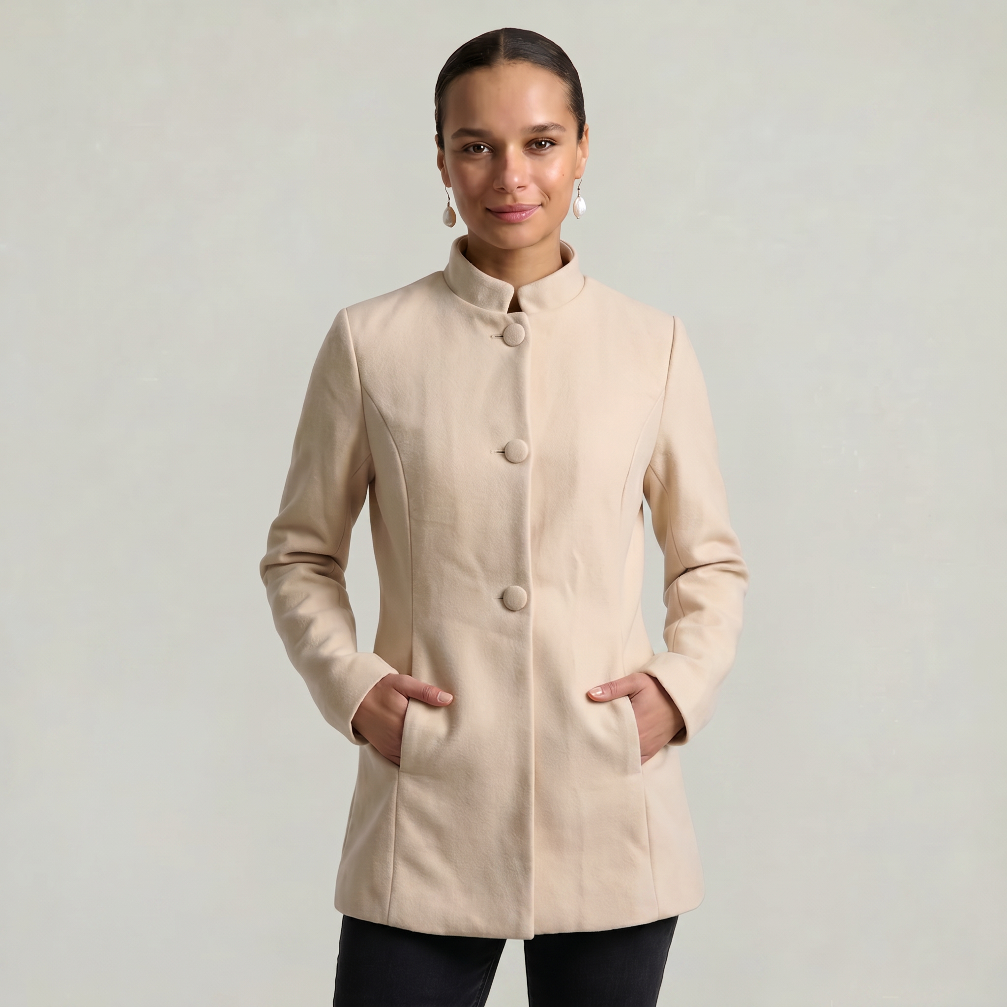 Women’s Stand-Up Collar  Jacket - Button-Up Long Sleeve Fit