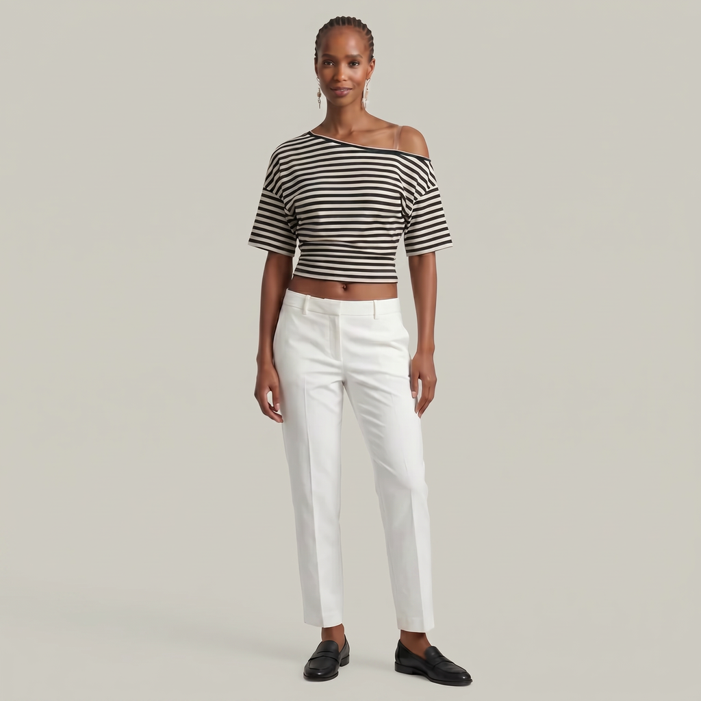 Women’s Striped Ruched Waist T-Shirt - Inclined Shoulder Slim Fit Casual Top