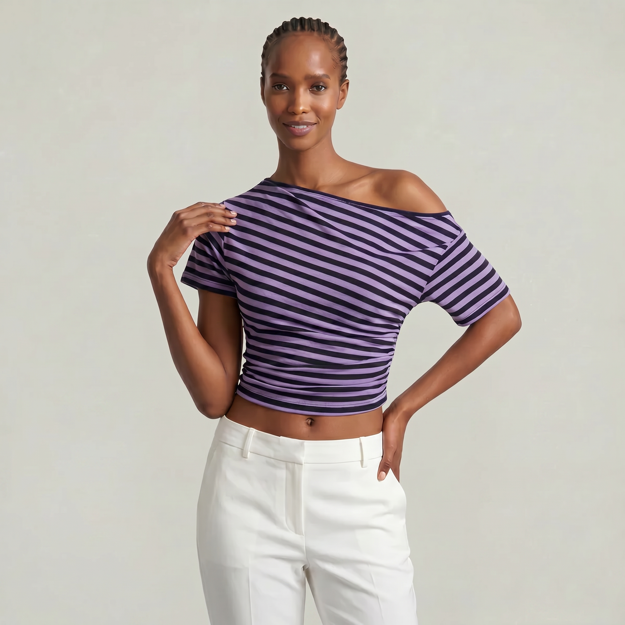 Women’s Striped Ruched Waist T-Shirt - Inclined Shoulder Slim Fit Casual Top