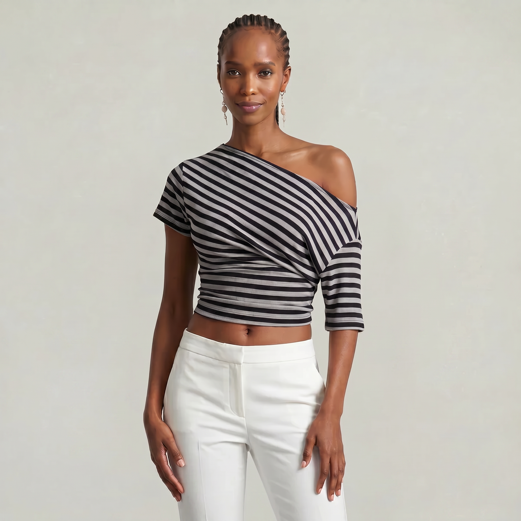 Women’s Striped Ruched Waist T-Shirt - Inclined Shoulder Slim Fit Casual Top