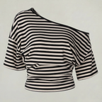 Women’s Striped Ruched Waist T-Shirt - Inclined Shoulder Slim Fit Casual Top