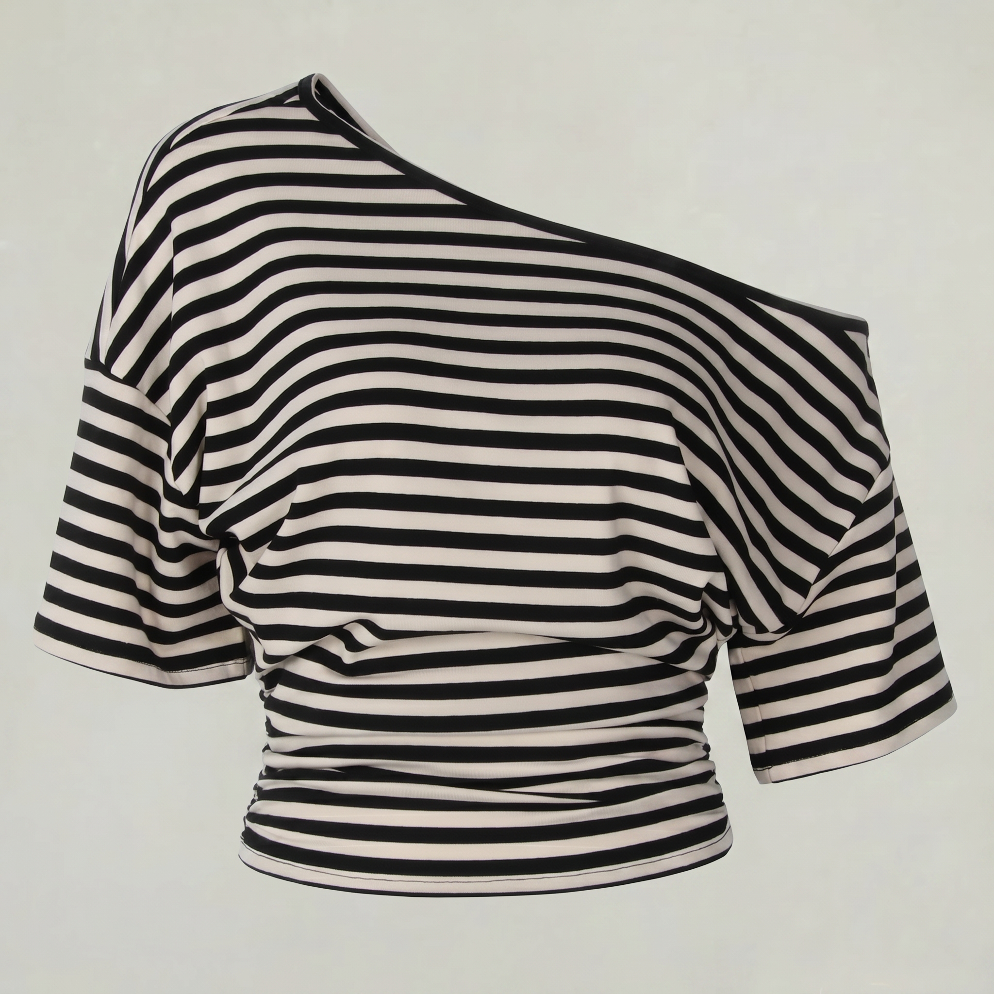 Women’s Striped Ruched Waist T-Shirt - Inclined Shoulder Slim Fit Casual Top