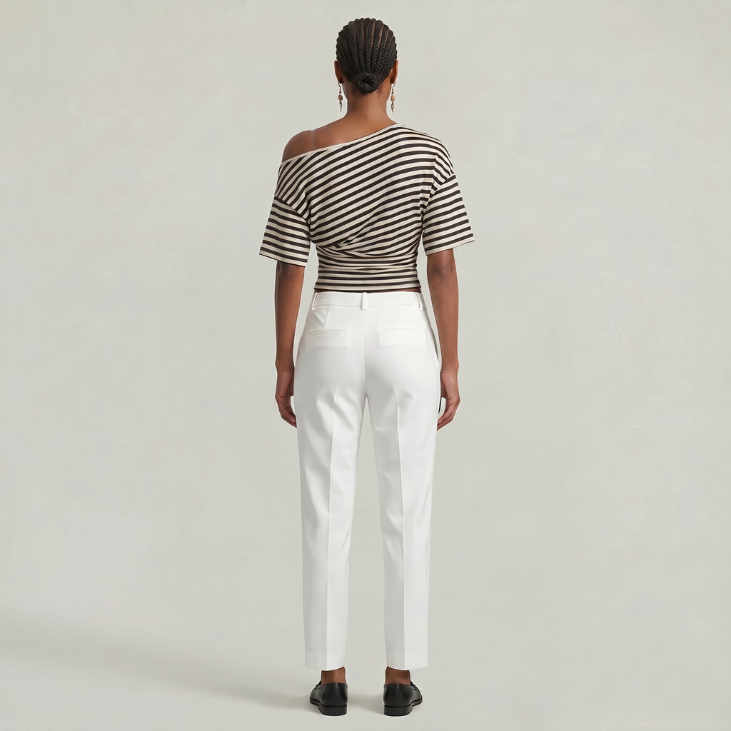 Women’s Striped Ruched Waist T-Shirt - Inclined Shoulder Slim Fit Casual Top