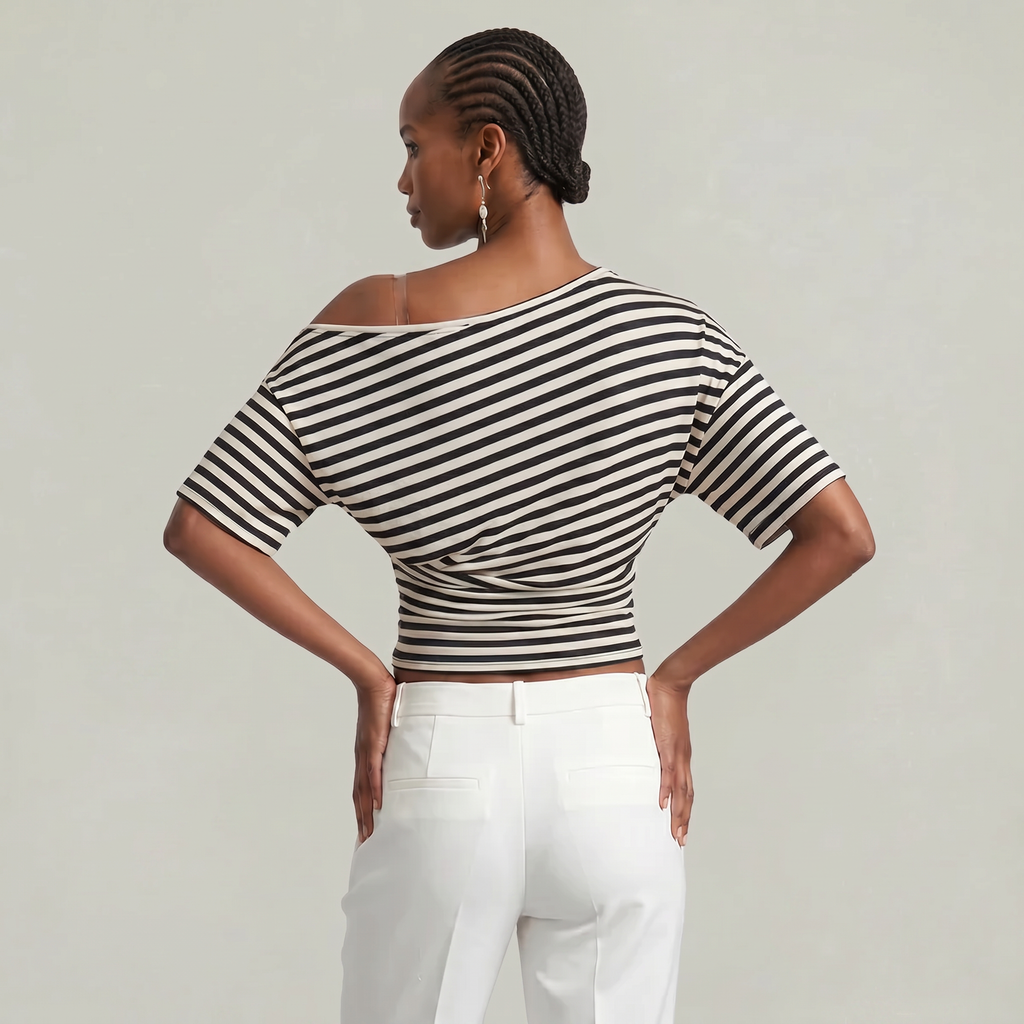 Women’s Striped Ruched Waist T-Shirt - Inclined Shoulder Slim Fit Casual Top