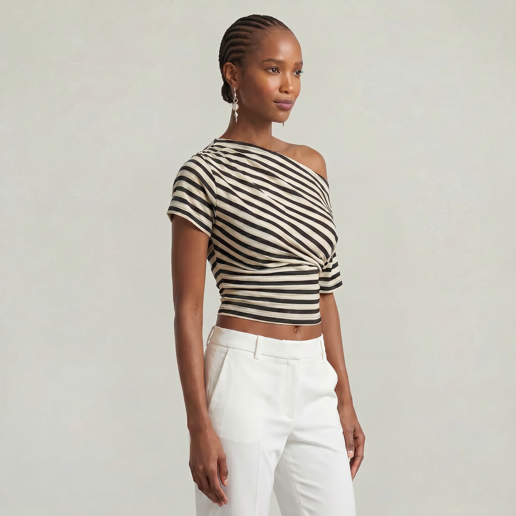 Women’s Striped Ruched Waist T-Shirt - Inclined Shoulder Slim Fit Casual Top