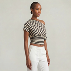Women’s Striped Ruched Waist T-Shirt - Inclined Shoulder Slim Fit Casual Top