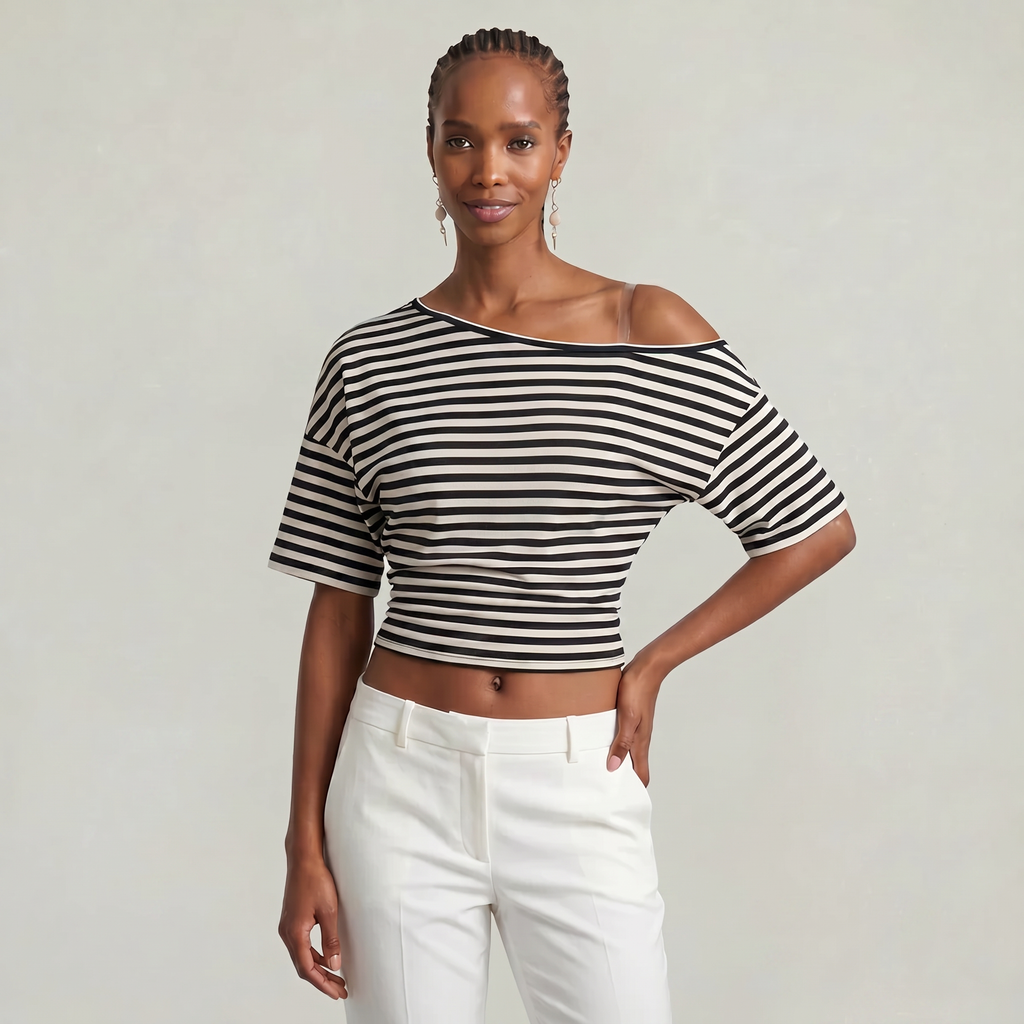 Women’s Striped Ruched Waist T-Shirt - Inclined Shoulder Slim Fit Casual Top