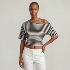 Women’s Striped Ruched Waist T-Shirt - Inclined Shoulder Slim Fit Casual Top
