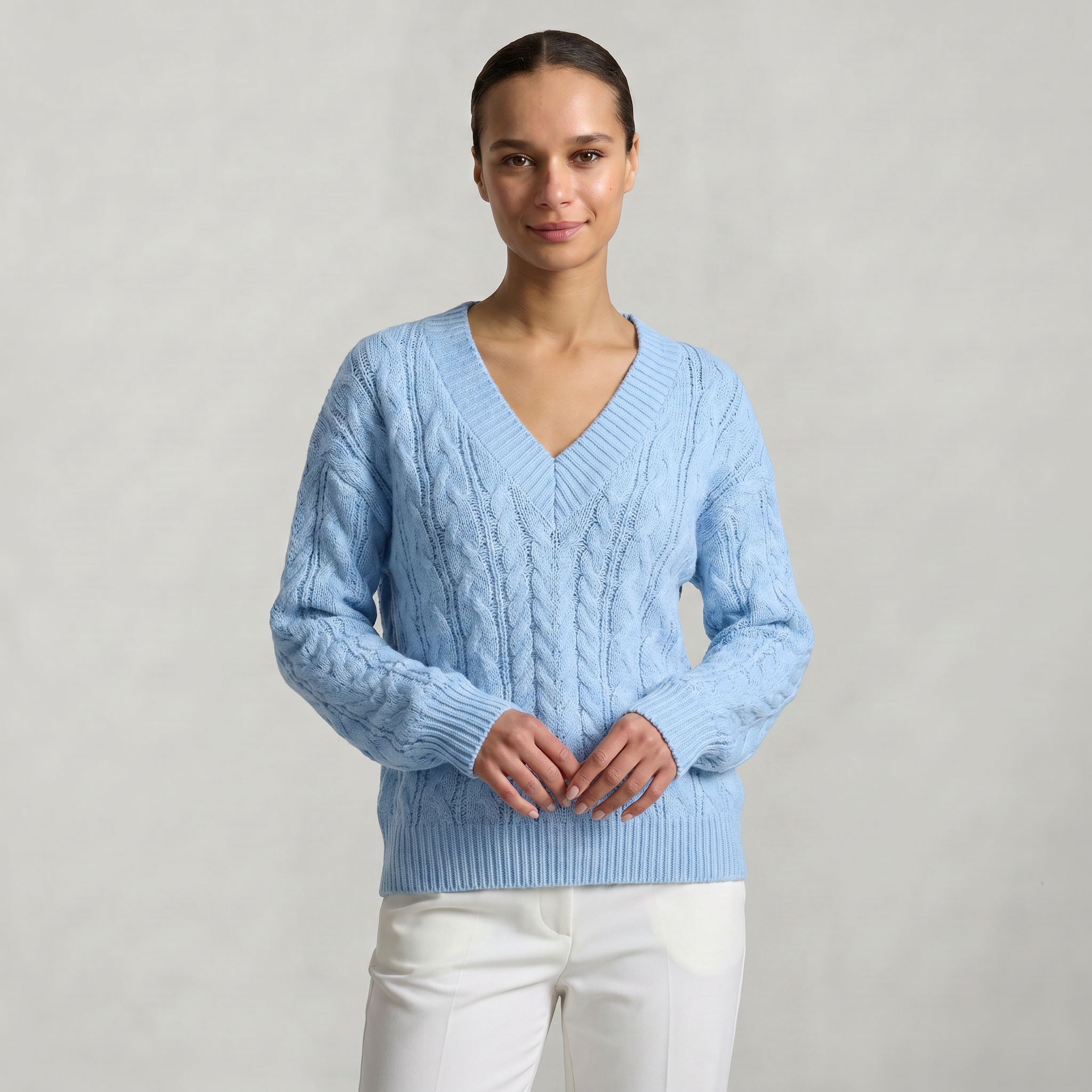 Women’s V-Neck Cable Knit Sweater - Long Sleeve Regular Fit
