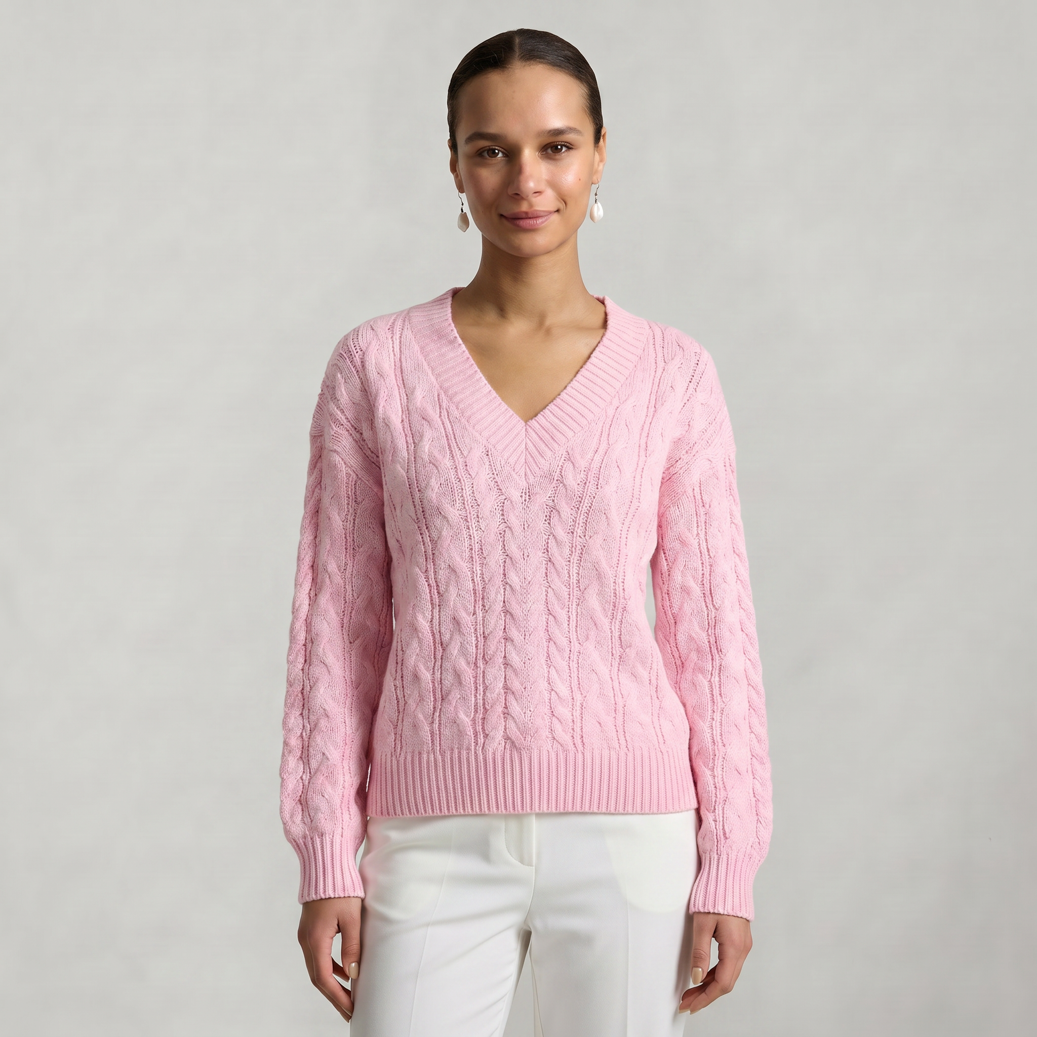 Women’s V-Neck Cable Knit Sweater - Long Sleeve Regular Fit
