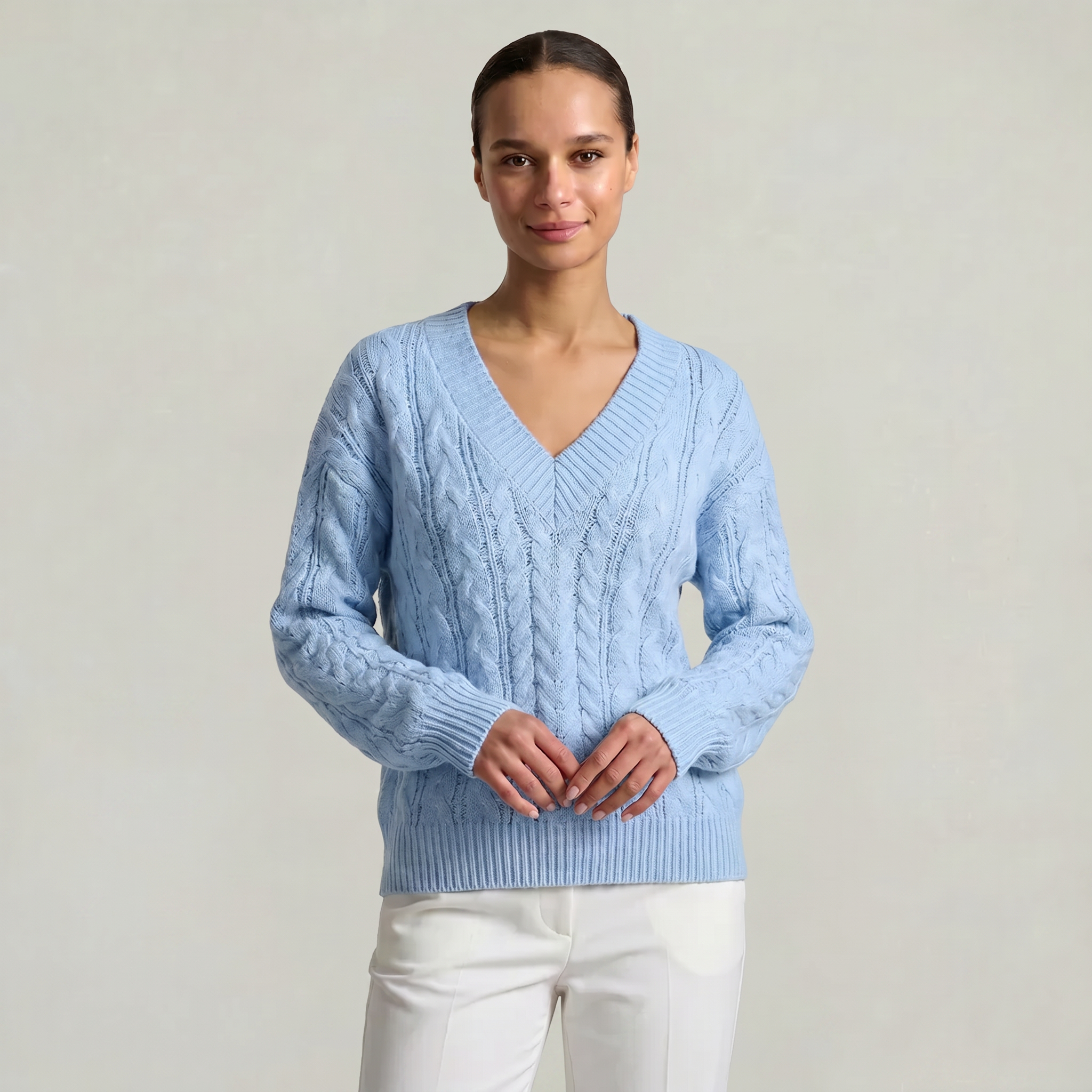 Women’s V-Neck Cable Knit Sweater - Long Sleeve Regular Fit