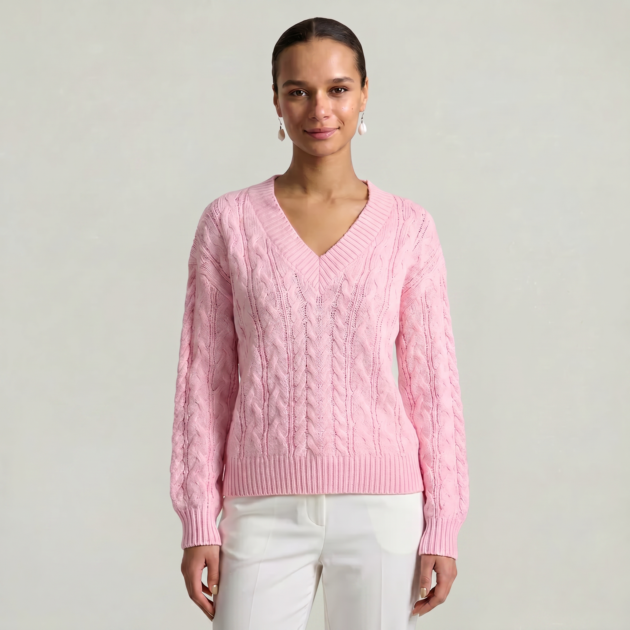 Women’s V-Neck Cable Knit Sweater - Long Sleeve Regular Fit