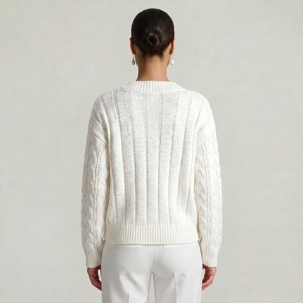 Women’s V-Neck Cable Knit Sweater - Long Sleeve Regular Fit
