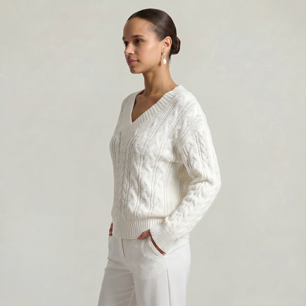 Women’s V-Neck Cable Knit Sweater - Long Sleeve Regular Fit