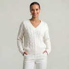 Women’s V-Neck Cable Knit Sweater - Long Sleeve Regular Fit
