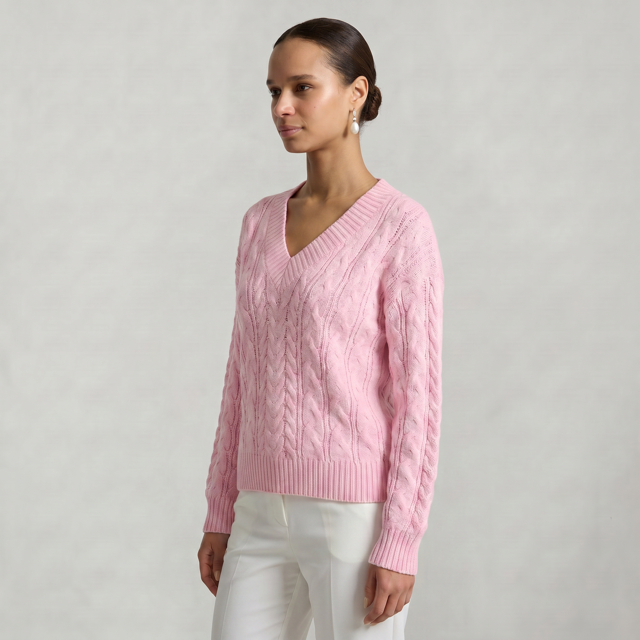 Women’s V-Neck Cable Knit Sweater - Long Sleeve Regular Fit