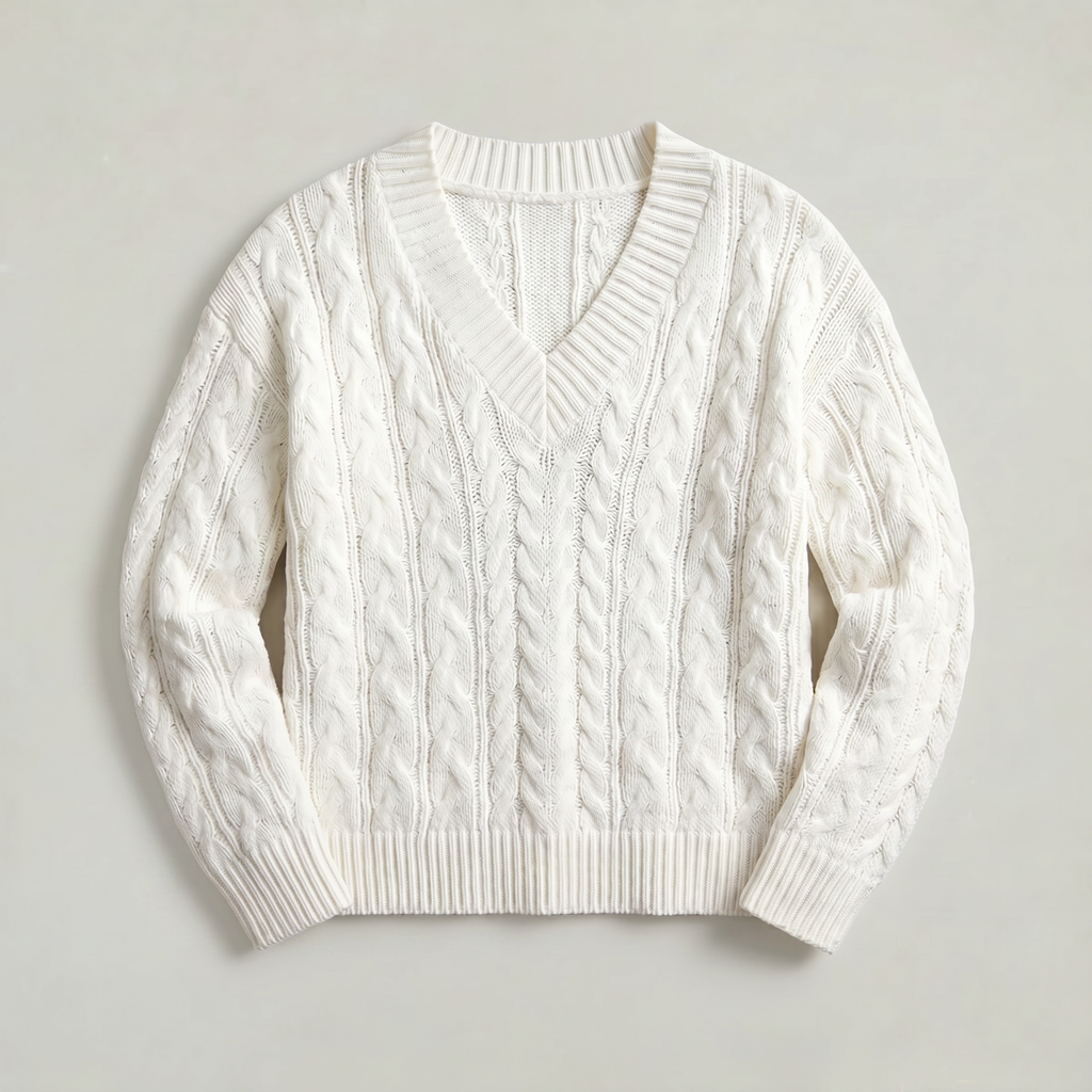 Women’s V-Neck Cable Knit Sweater - Long Sleeve Regular Fit