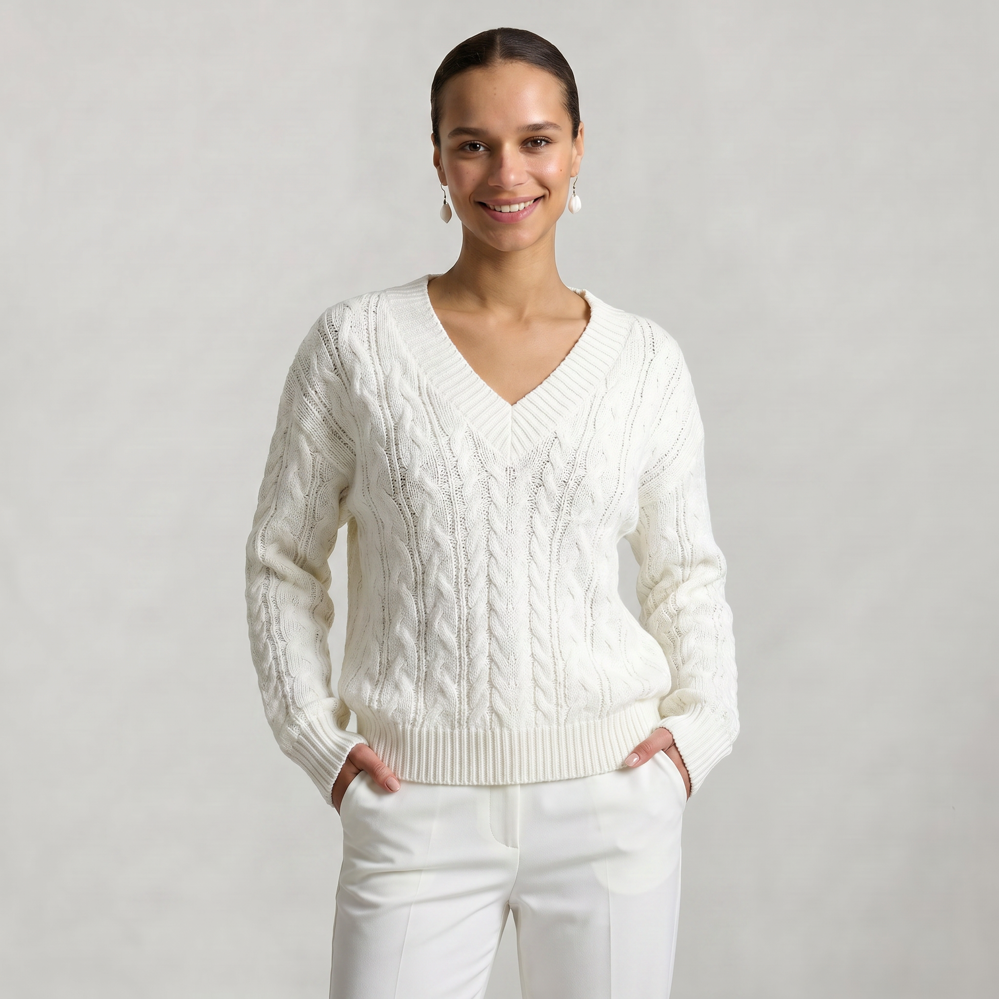 Women’s V-Neck Cable Knit Sweater - Long Sleeve Regular Fit