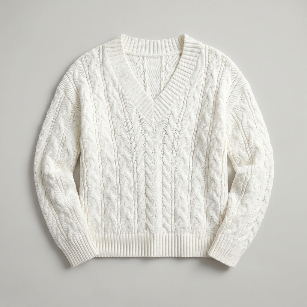Women’s V-Neck Cable Knit Sweater - Long Sleeve Regular Fit