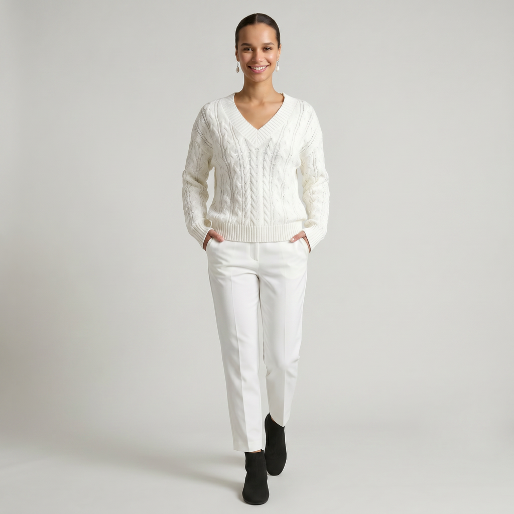 Women’s V-Neck Cable Knit Sweater - Long Sleeve Regular Fit